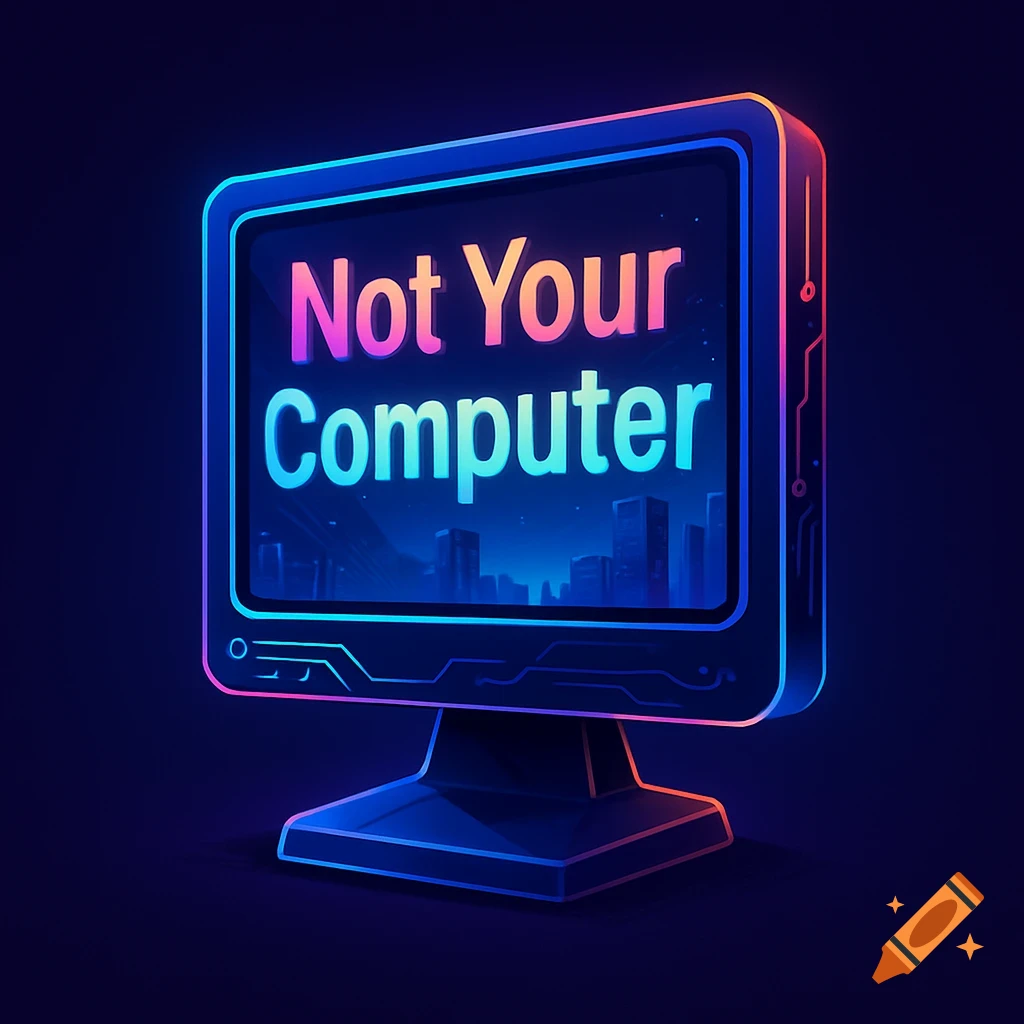 A glowing neon retro computer monitor displays 'Not Your Computer' text against a dark cityscape background.