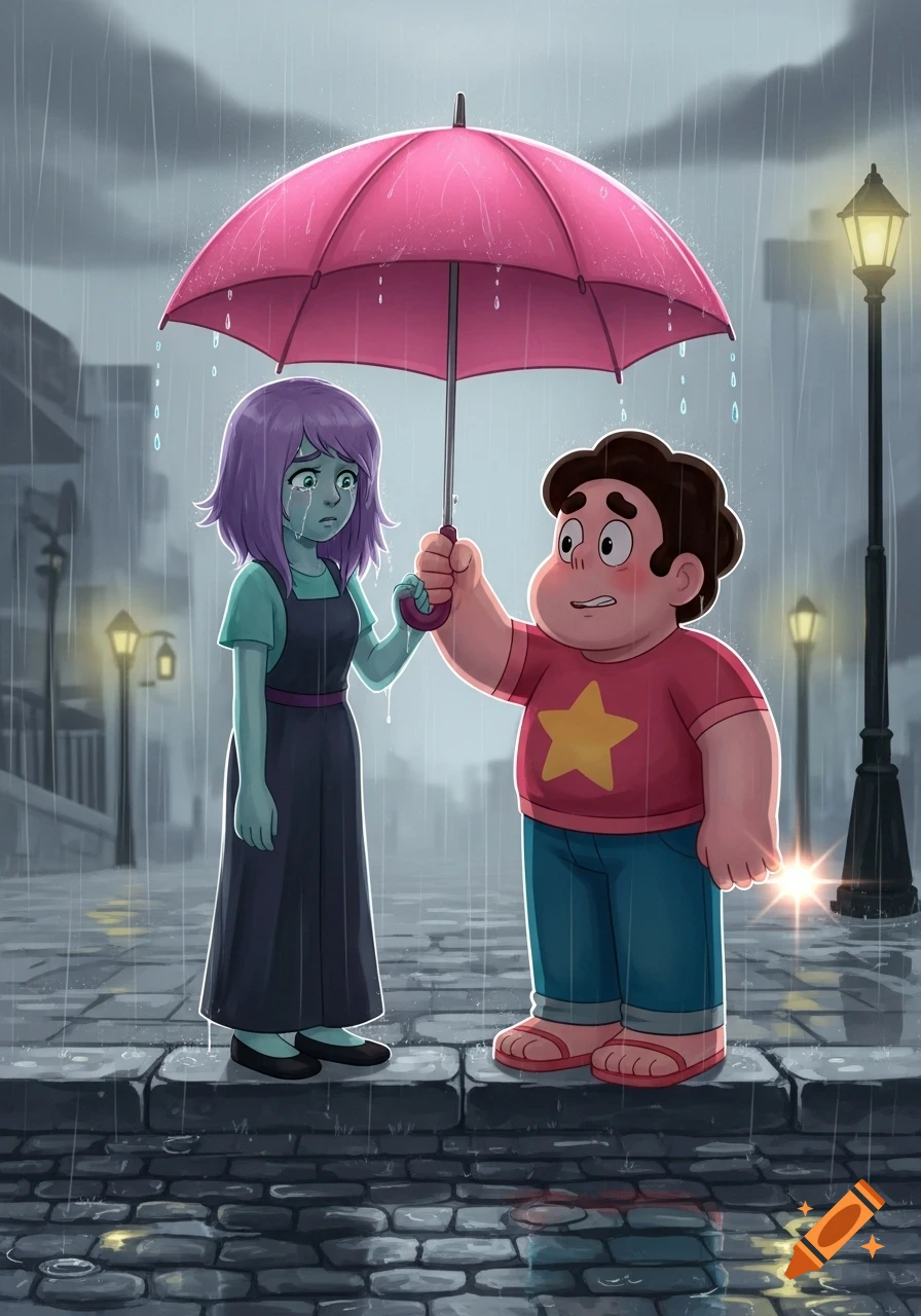 Steven Universe comforts a crying Lapis Lazuli with a pink umbrella on a rainy cobblestone street in a cartoon style.