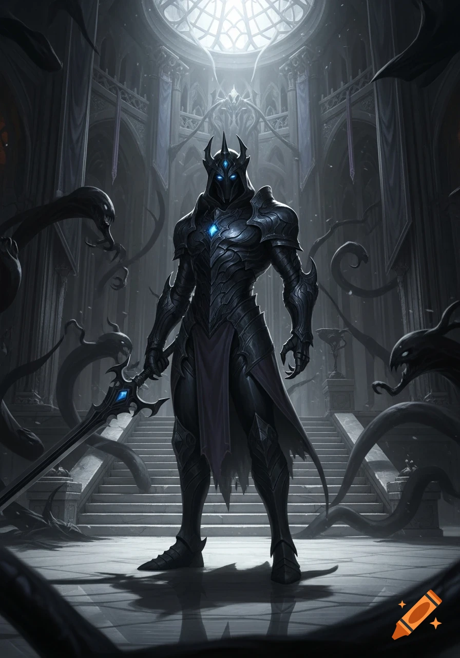 A dark fantasy knight in black armor with glowing blue eyes stands in a grand gothic cathedral, surrounded by shadowy creatures, holding a sword.