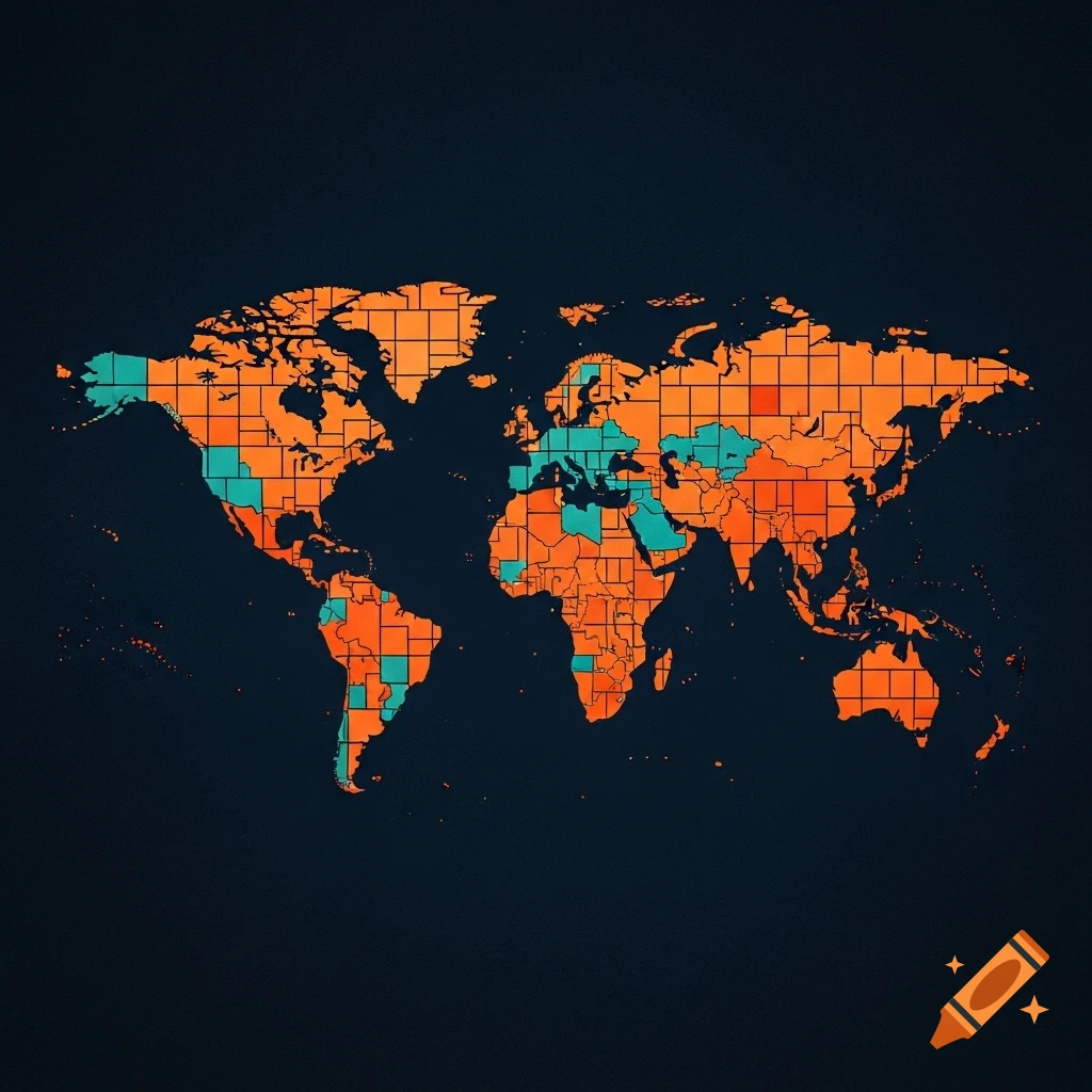 A world map on a dark background, with countries depicted by orange and teal squares.