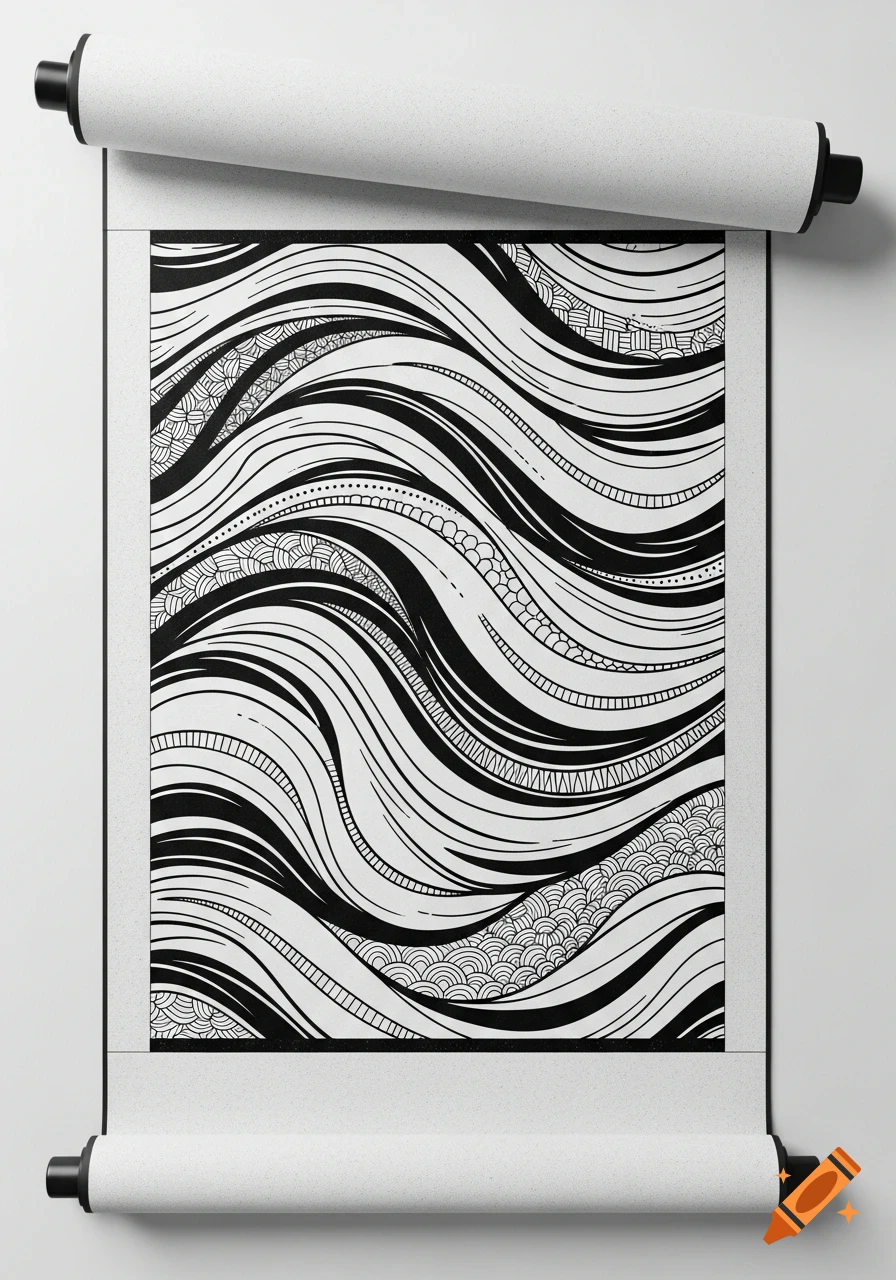Black and white abstract wavy line pattern on a scroll, with intricate details in the negative spaces.