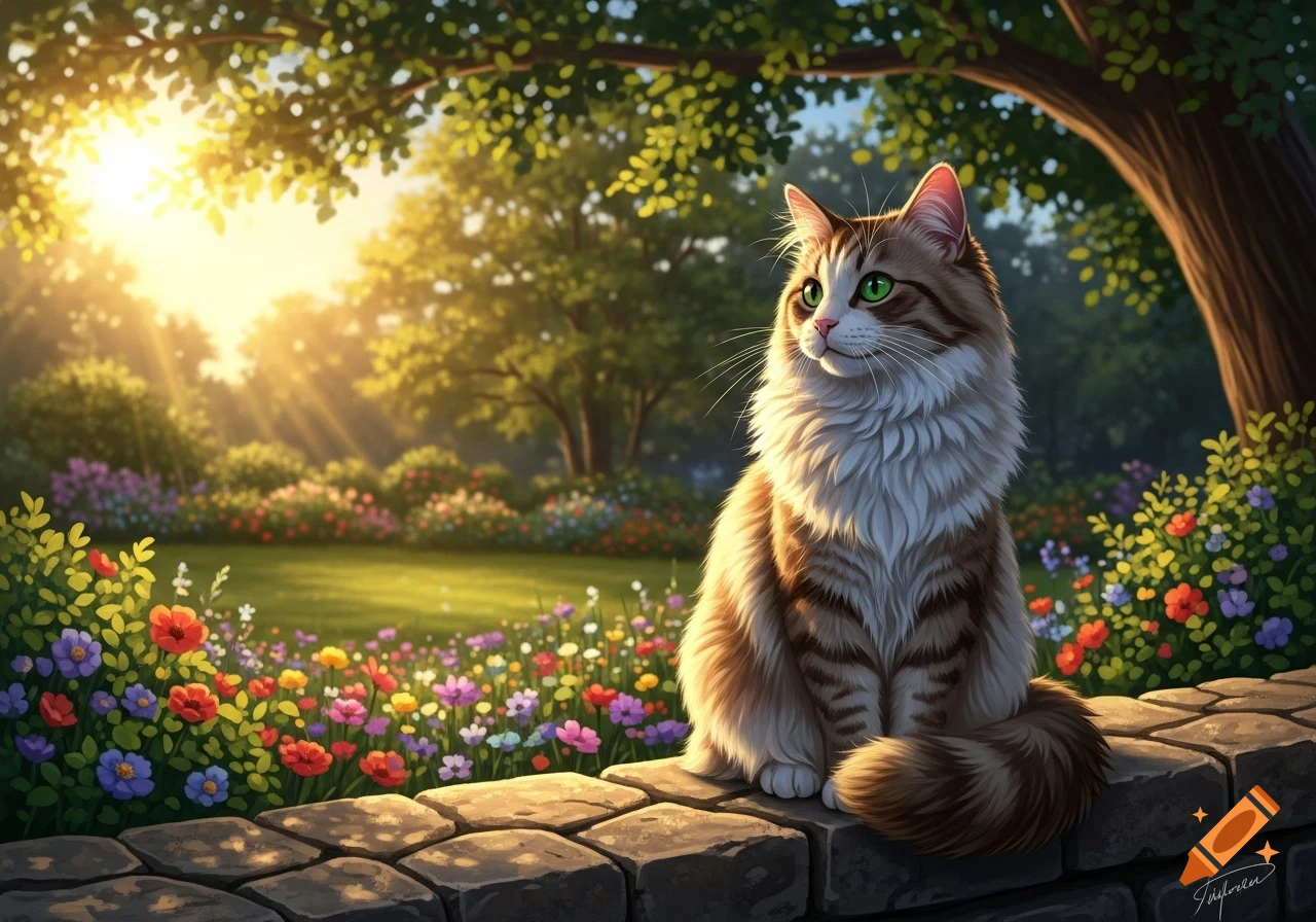 A fluffy tabby cat with green eyes sits on a stone wall in a sunlit garden, surrounded by colorful flowers and trees. Digital art.