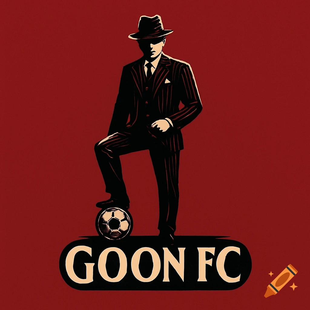 A stylized logo features a man in a pinstripe suit and fedora, foot on a soccer ball, above the text 'GOON FC', on a red background.
