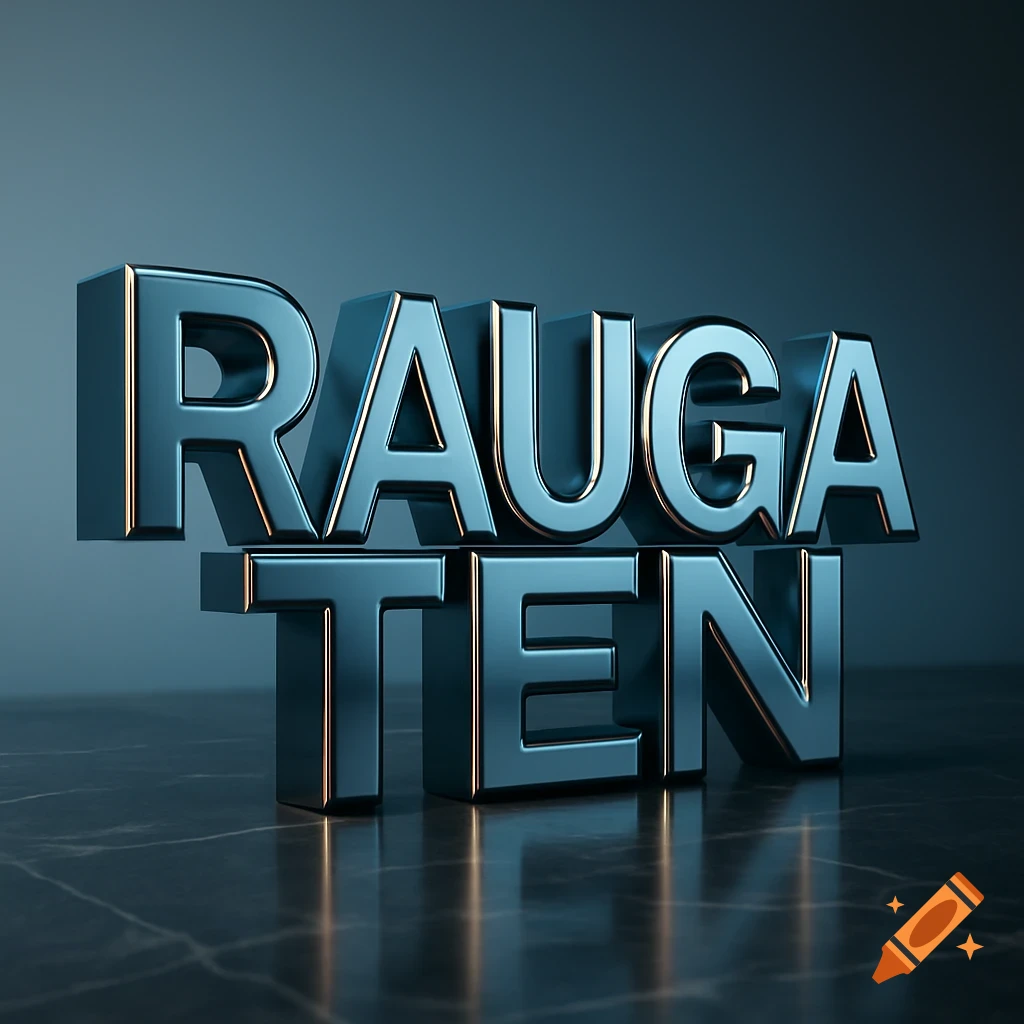 The word RAUGA TEN in gleaming 3D metallic capital letters against a dark background, with reflections on a polished surface.