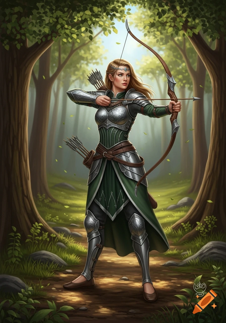 A blonde female elf archer in green and silver armor draws her bow and arrow on a sunlit forest path.
