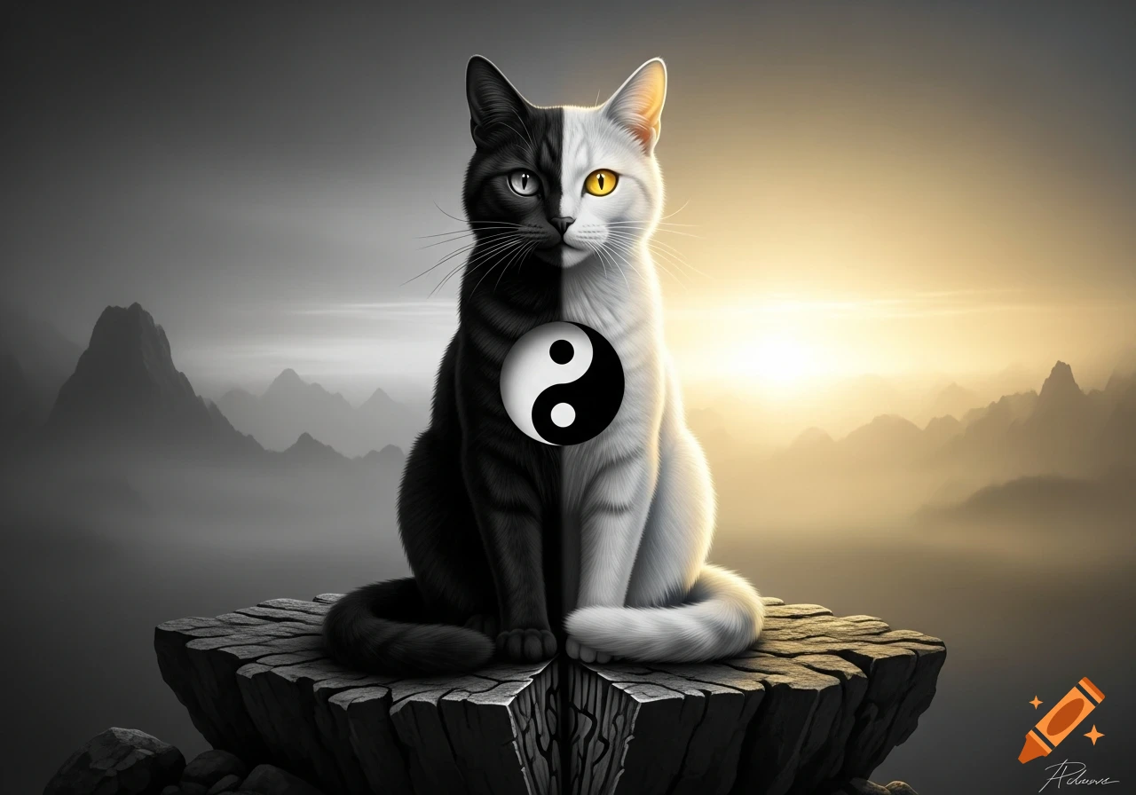 A mystical black and white cat, split like a Yin and Yang symbol with different colored eyes, sits on a cracked rock overlooking misty mountains at sunrise.