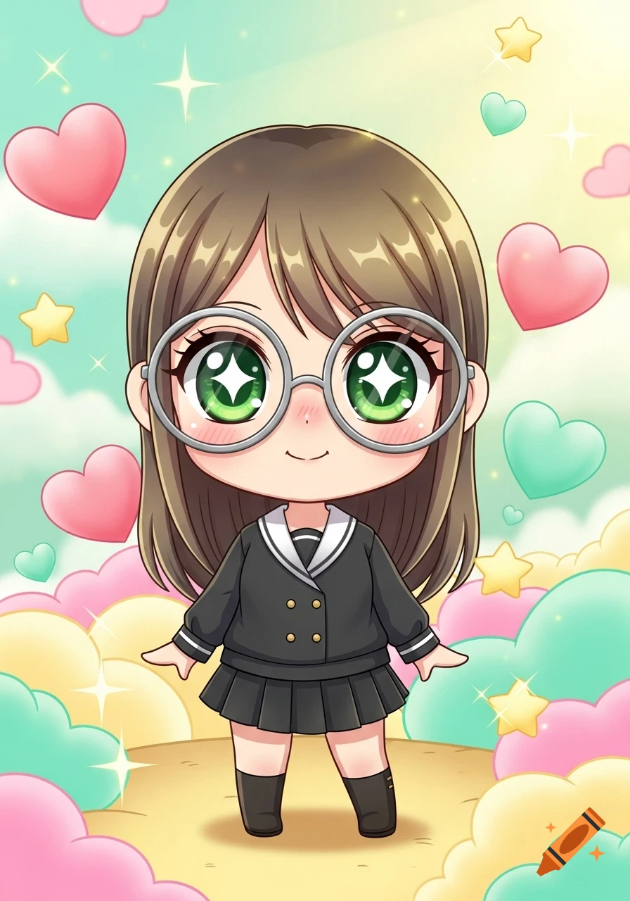 A cute chibi anime girl with brown hair, green eyes, and silver glasses, wearing a dark school uniform, surrounded by colorful hearts and stars.