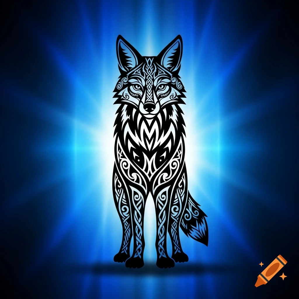 A stylized black tribal coyote stands facing forward against a glowing blue background with radial light rays.