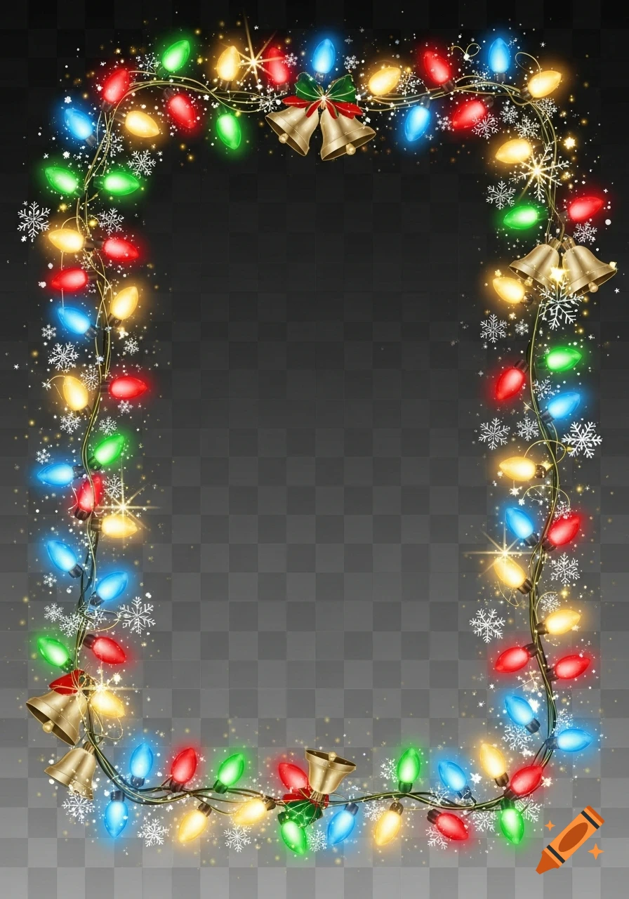 A festive border of colorful Christmas lights, gold bells, and white snowflakes on a transparent background.