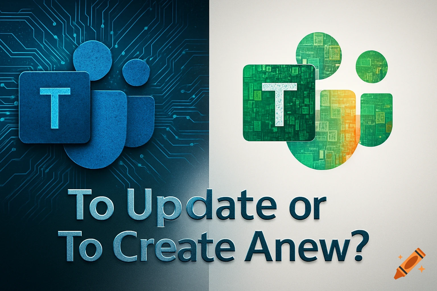 Split image of blue and green Microsoft Teams logos over circuit board and abstract patterns, with text 'To Update or To Create Anew?'