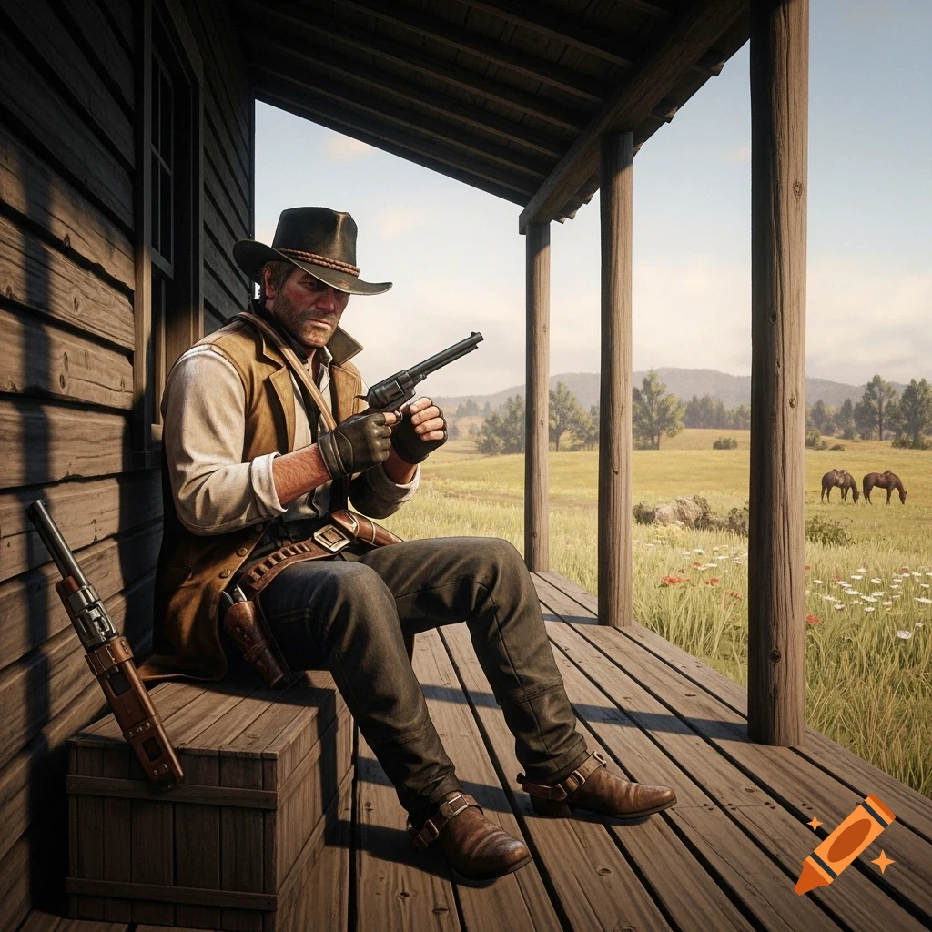 A cowboy in a hat sits on a wooden porch, cleaning a revolver. A rifle rests nearby, with horses grazing in a grassy field.