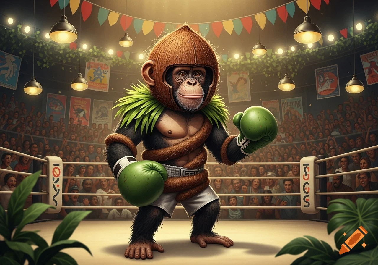 A stylized chimpanzee boxer wearing a coconut helmet, green boxing gloves, and shorts stands in a brightly lit boxing ring before a cheering crowd.