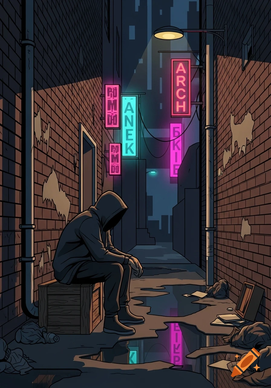 Hooded figure sits on a crate in a dark, wet alley with brick walls, illuminated by streetlights and neon signs reflecting in puddles. Vector art style.