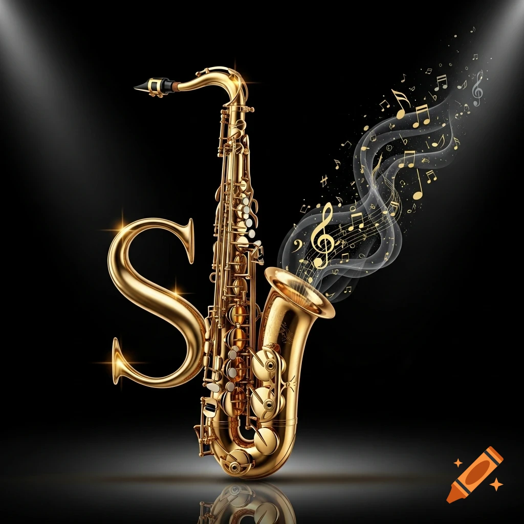 A gleaming golden saxophone with a prominent 'S' integrated into its design, emitting musical notes and stylized smoke against a dark background.