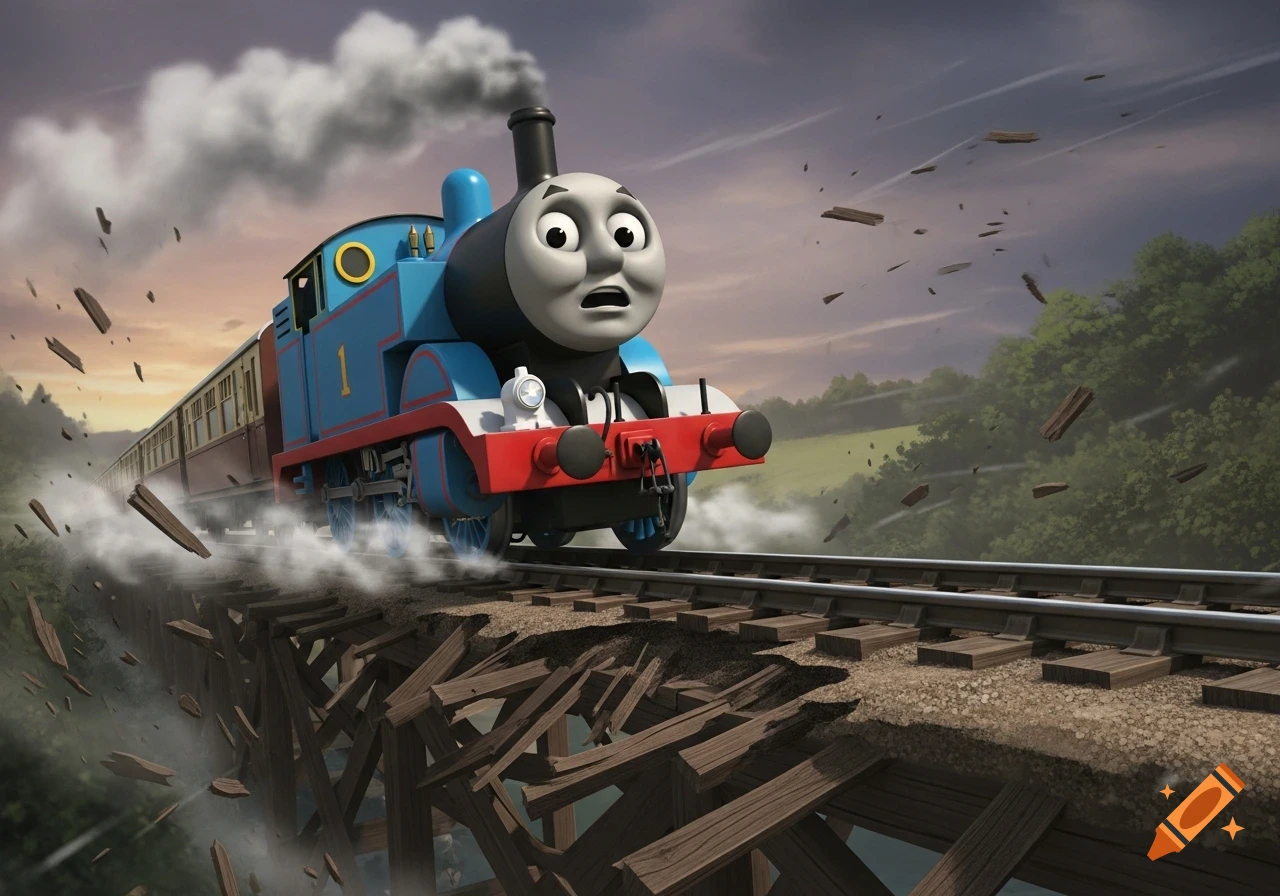Thomas the Tank Engine with a scared expression as he rides over a collapsing wooden bridge, cartoon style.