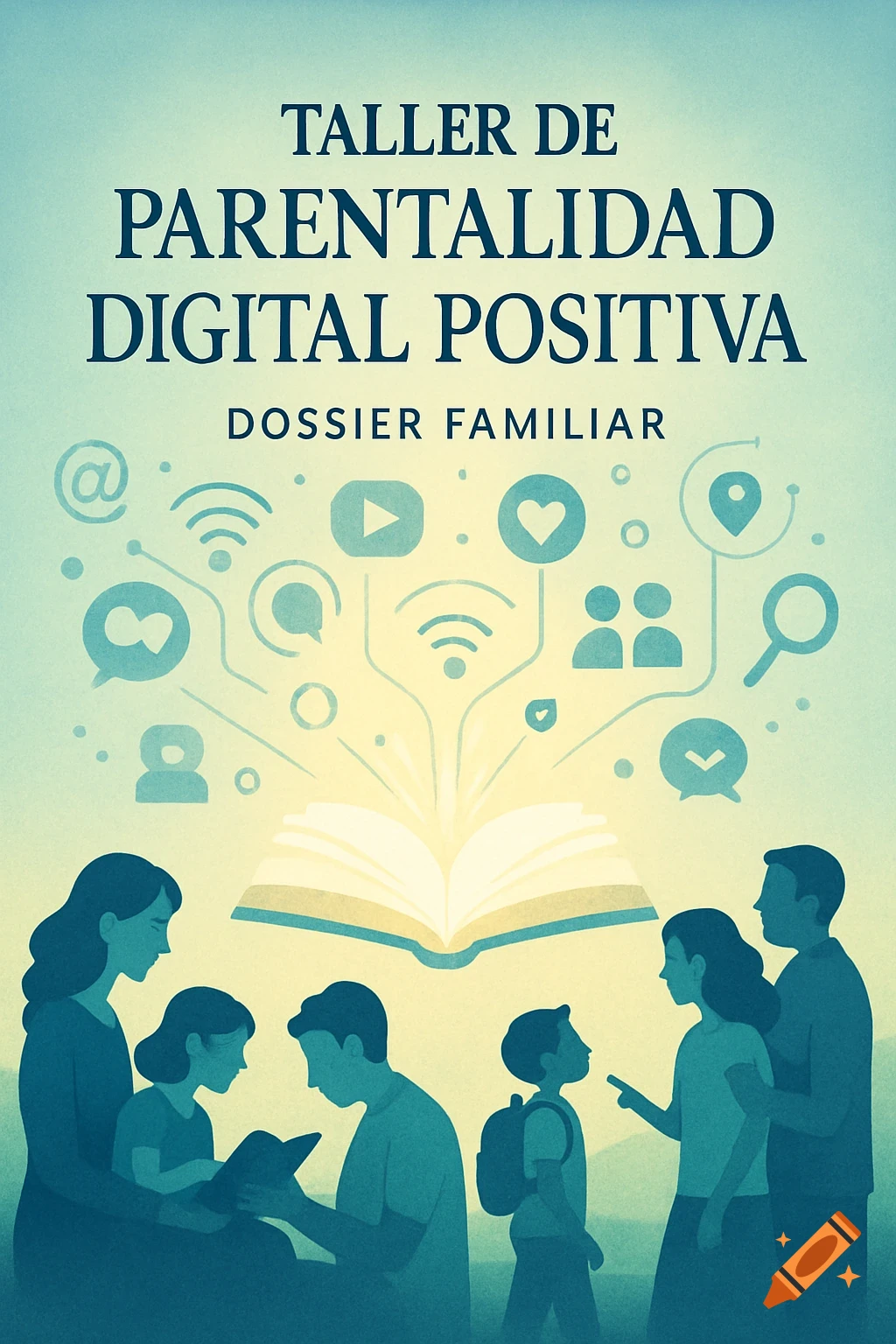 Stylized illustration of a family, open book, and digital icons. Text: 'TALLER DE PARENTALIDAD DIGITAL POSITIVA DOSSIER FAMILIAR'.