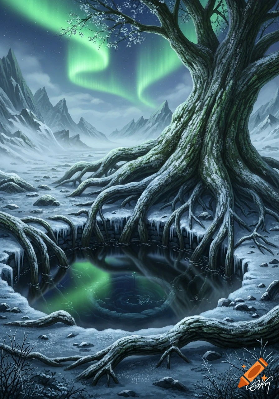 Ancient tree with massive roots surrounding a dark wellspring in a snowy mountain landscape under a green aurora borealis, fantasy art.