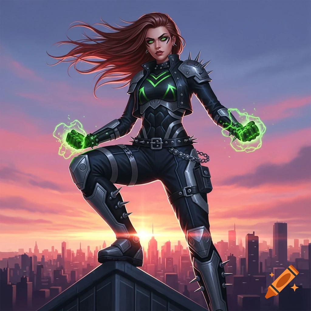 A digital art female superhero with red hair and green eyes, in a black ...