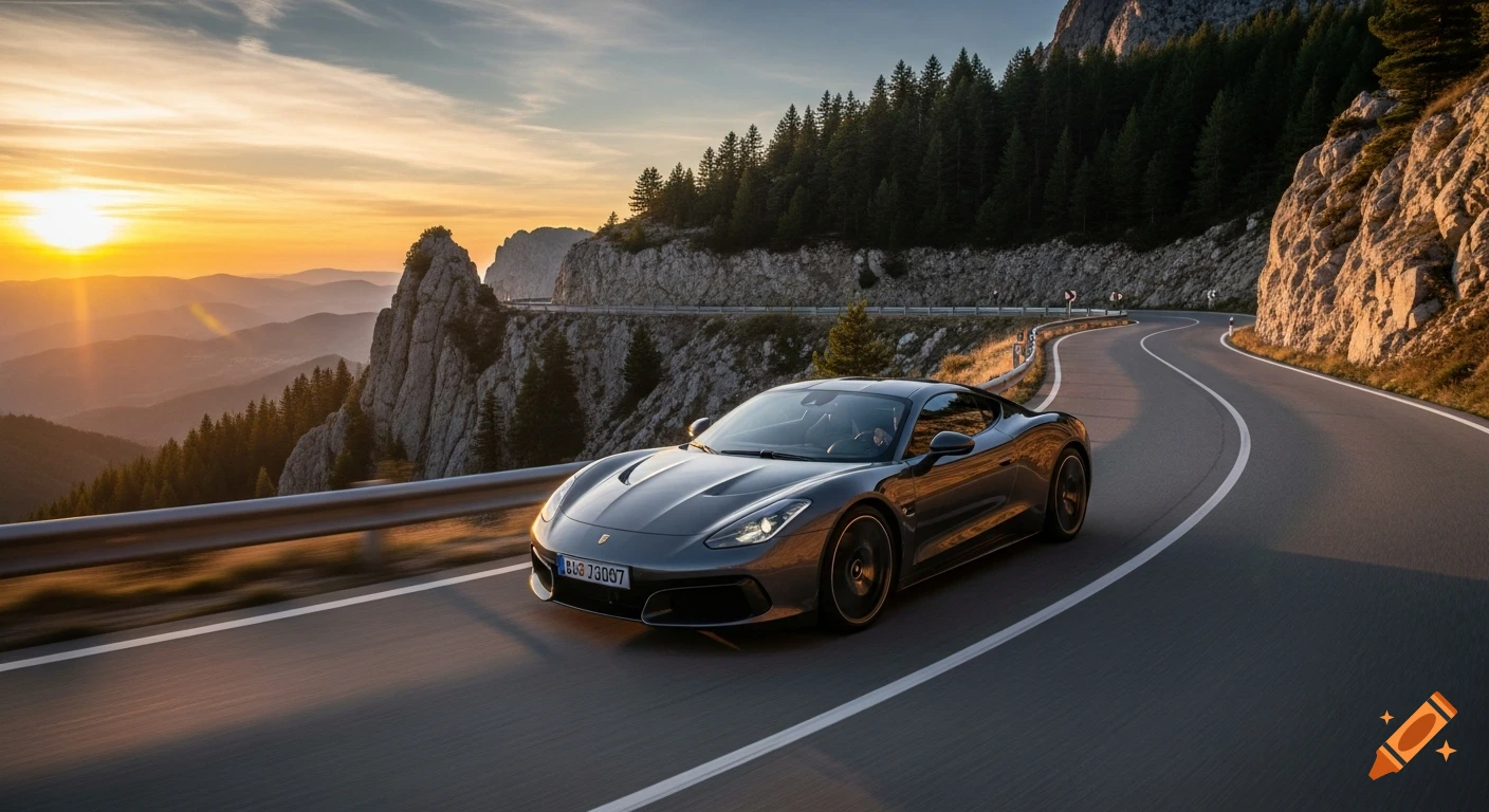 A sleek dark sports car drives on a winding mountain road at sunset, with golden light illuminating the peaks and forest.