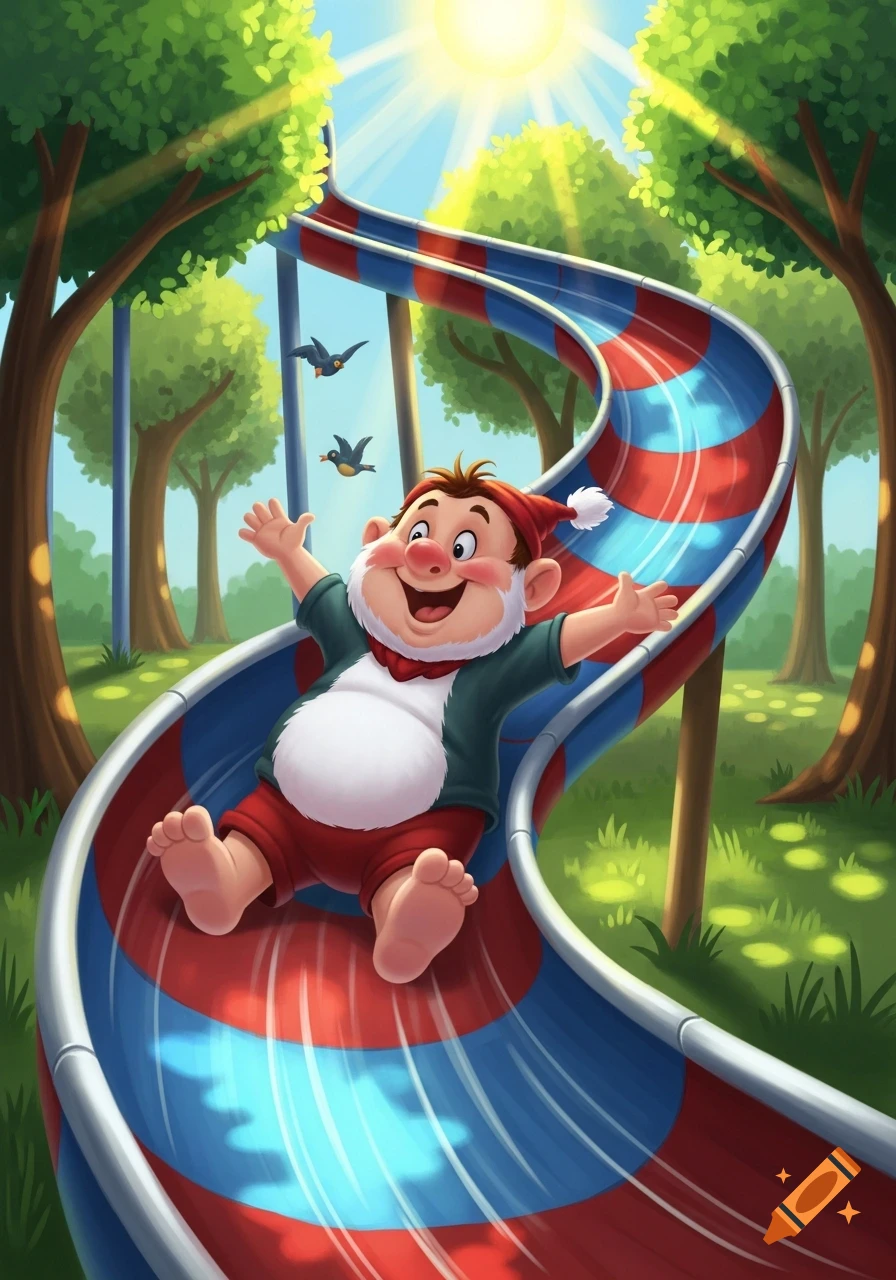 A cheerful cartoon Smee slides down a red and blue water slide in a sunny park with trees and birds.