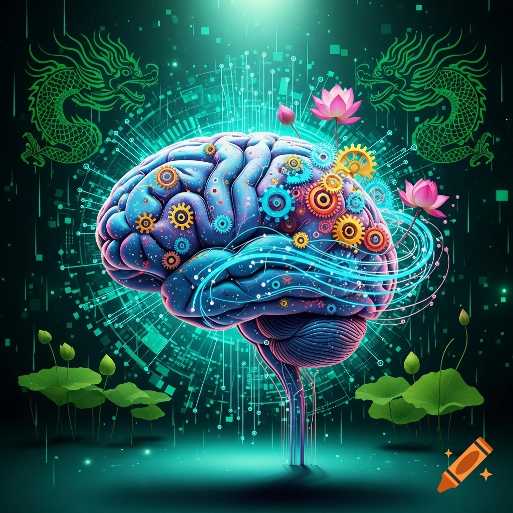 A vibrant, stylized human brain with gears and glowing circuits, surrounded by lotus flowers, digital data streams, and green dragons on a dark, futuristic background.