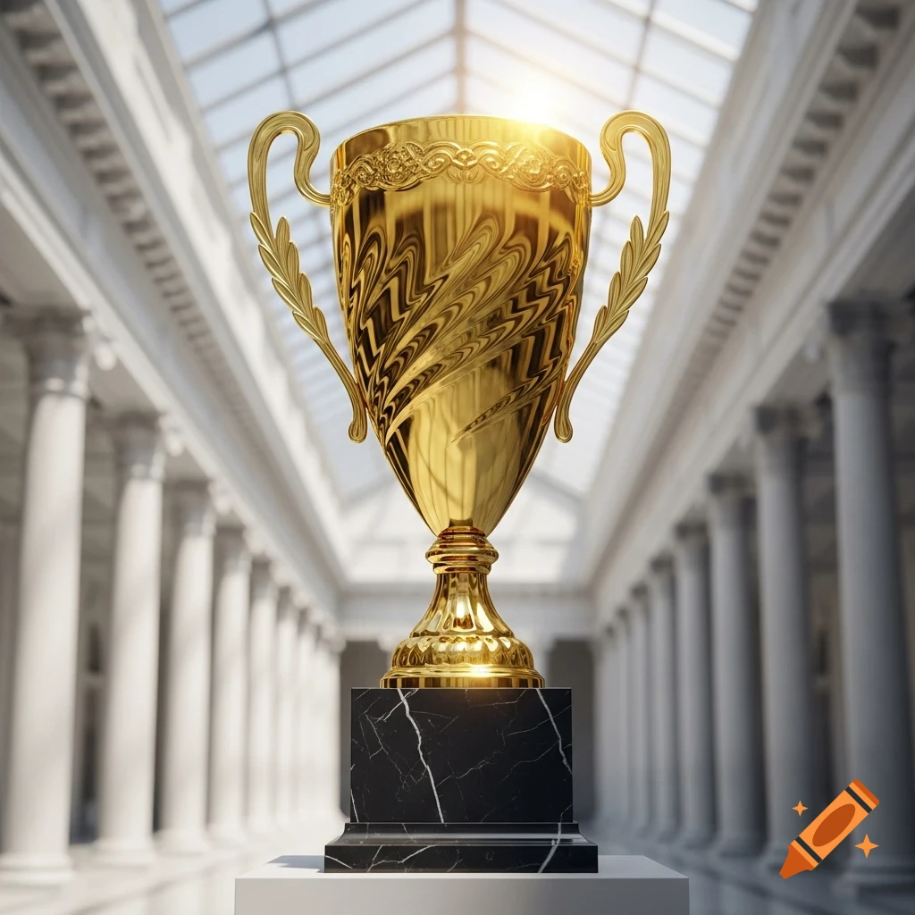 A radiant golden trophy with ornate details on a black marble base, standing in a grand hall with towering white columns and a sunlit glass ceiling.