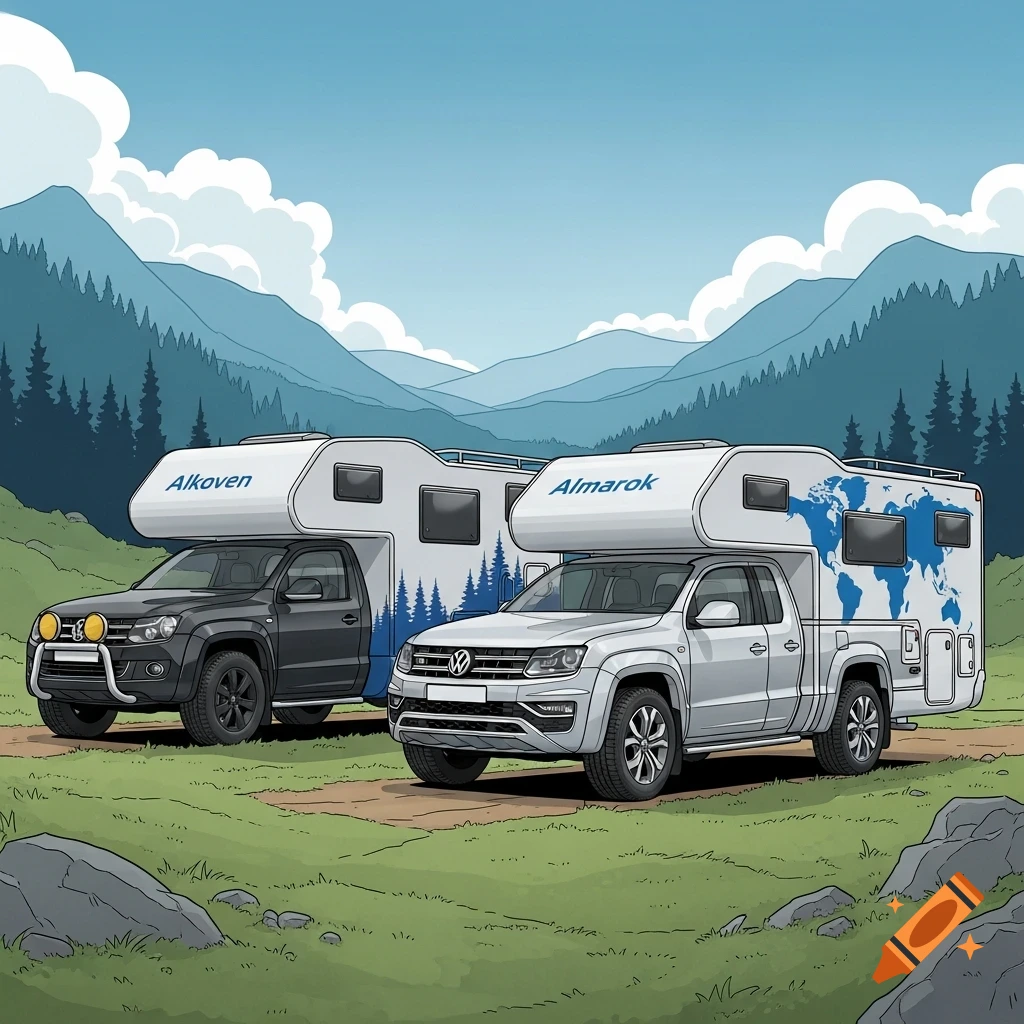 Comic-style illustration of two VW Amarok pickup trucks with camper cabins parked in a grassy, mountainous landscape.