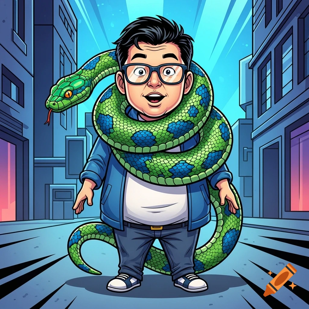 A cartoon man in glasses and a blue jacket has a large green and blue snake wrapped around his neck, standing on a city street.