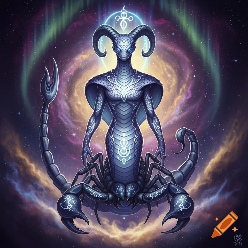 A majestic, blue-scaled mythical creature with a human-like torso, snake head, ram horns, and a scorpion body, surrounded by a swirling galaxy and aurora lights.