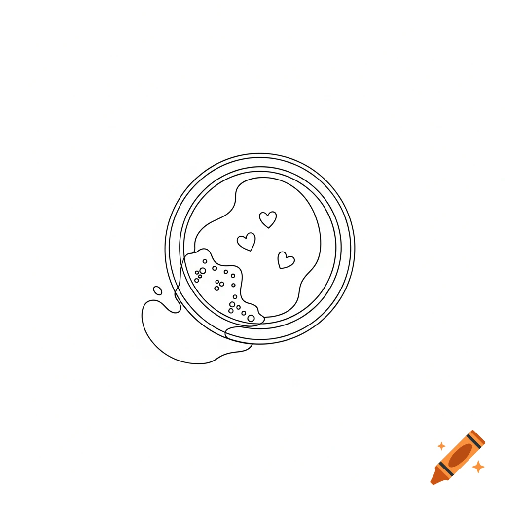 Minimalist line art illustration of an overflowing matcha cup with three hearts in the foam, top view.