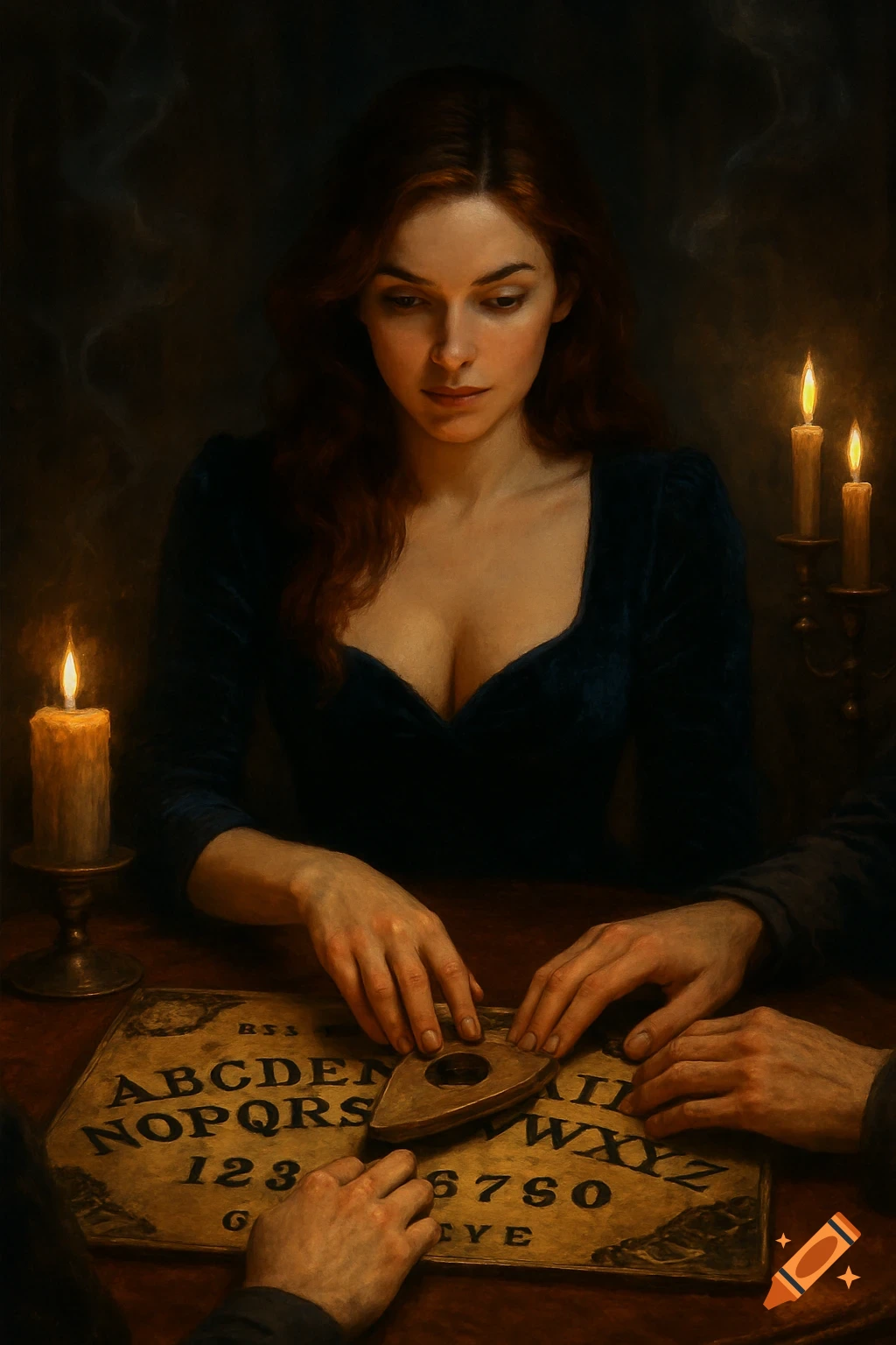 A woman with red hair and low-cut dark dress gazes down at a Ouija board, her hands and two other pairs of hands rest on the planchette, illuminated by candlelight in a dark, atmospheric setting.