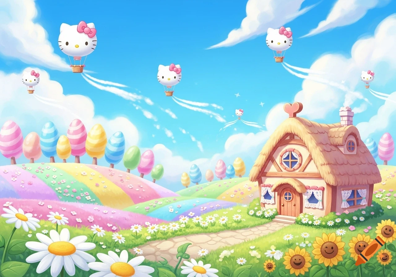 Hello Kitty hot air balloons float over a vibrant fantasy landscape with a cute house, rainbow hills, daisies, and pastel trees.