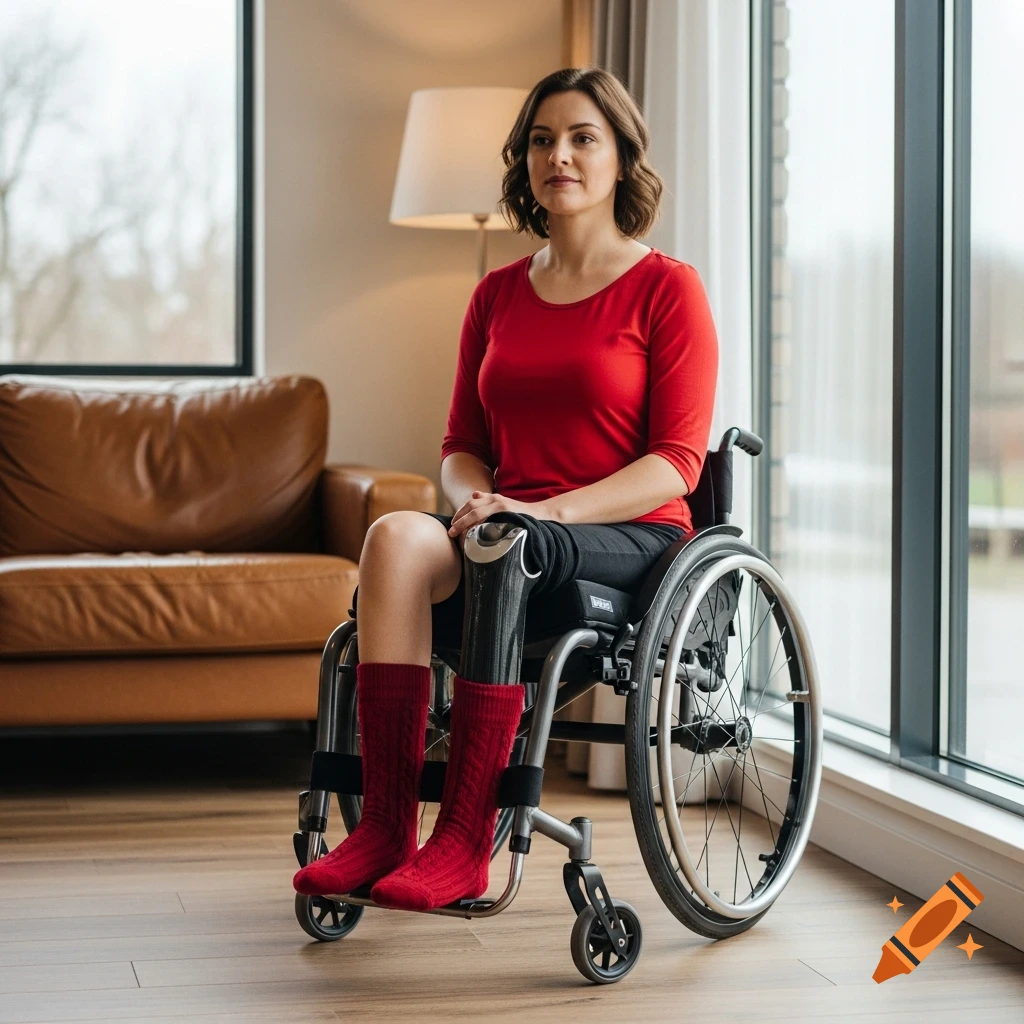 A woman with prosthetic legs sits in a wheelchair indoors by a large window, wearing a red shirt and red socks.