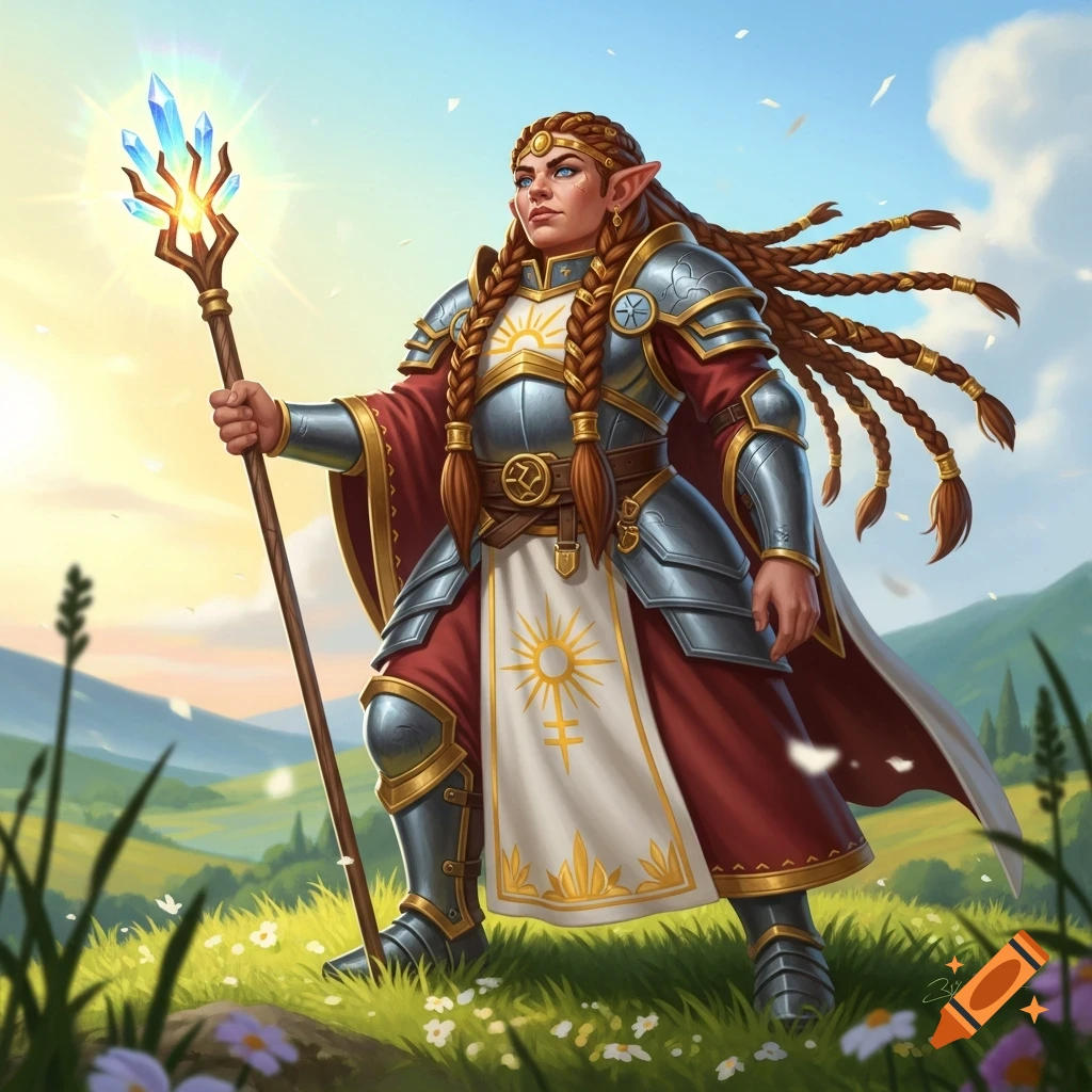 A female elf cleric in ornate silver and gold armor holds a glowing crystal staff, standing in a sunny, grassy field.