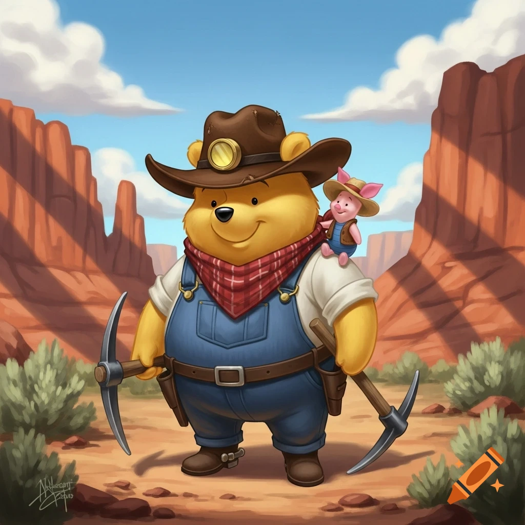 A cartoon bear in a cowboy hat and overalls holds pickaxes with a piglet on its shoulder, standing in a desert landscape.