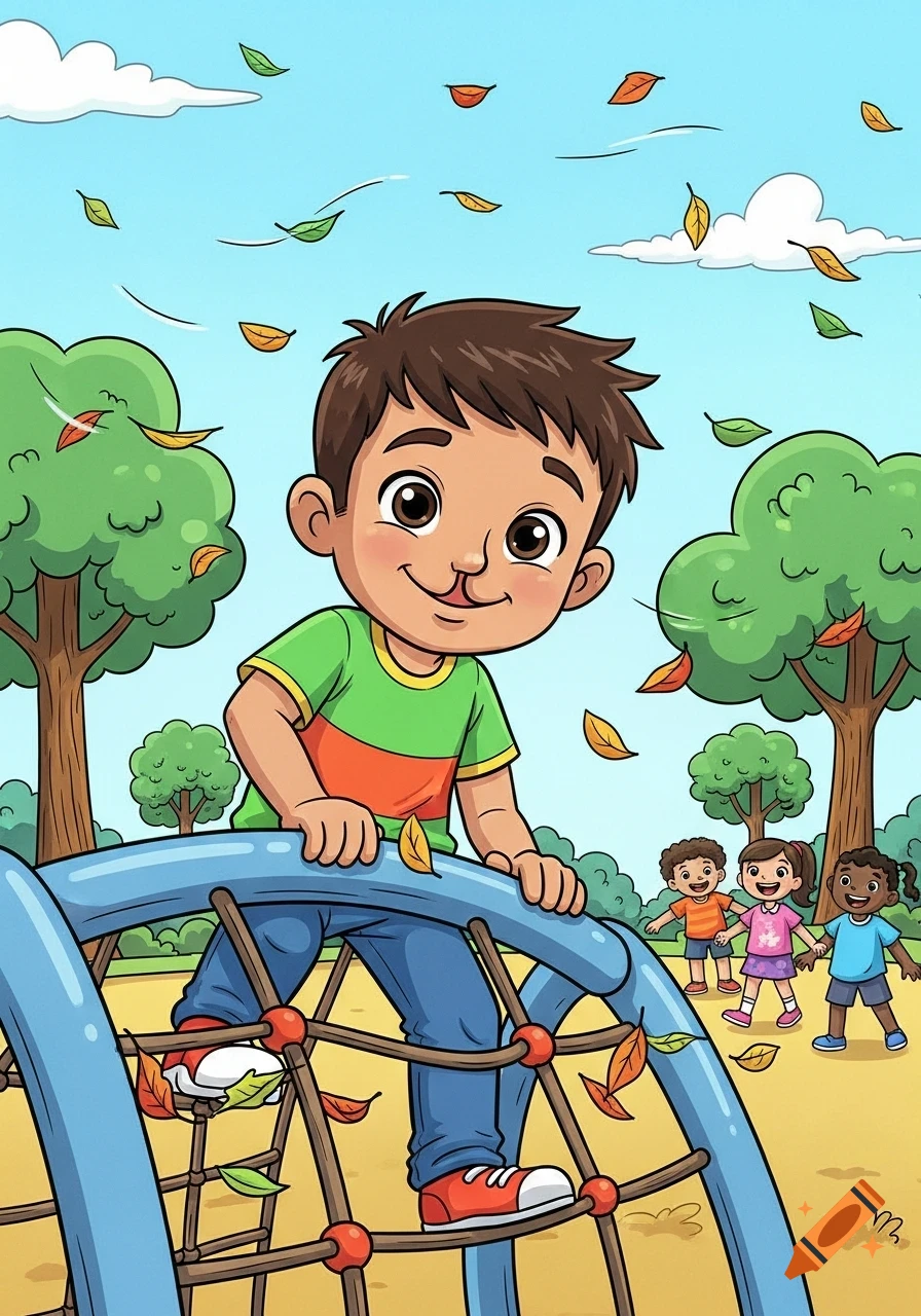 A cartoon boy with a slight cleft above his lip climbs on a blue and brown rope structure on a playground. Other children play in the background under trees with falling autumn leaves.