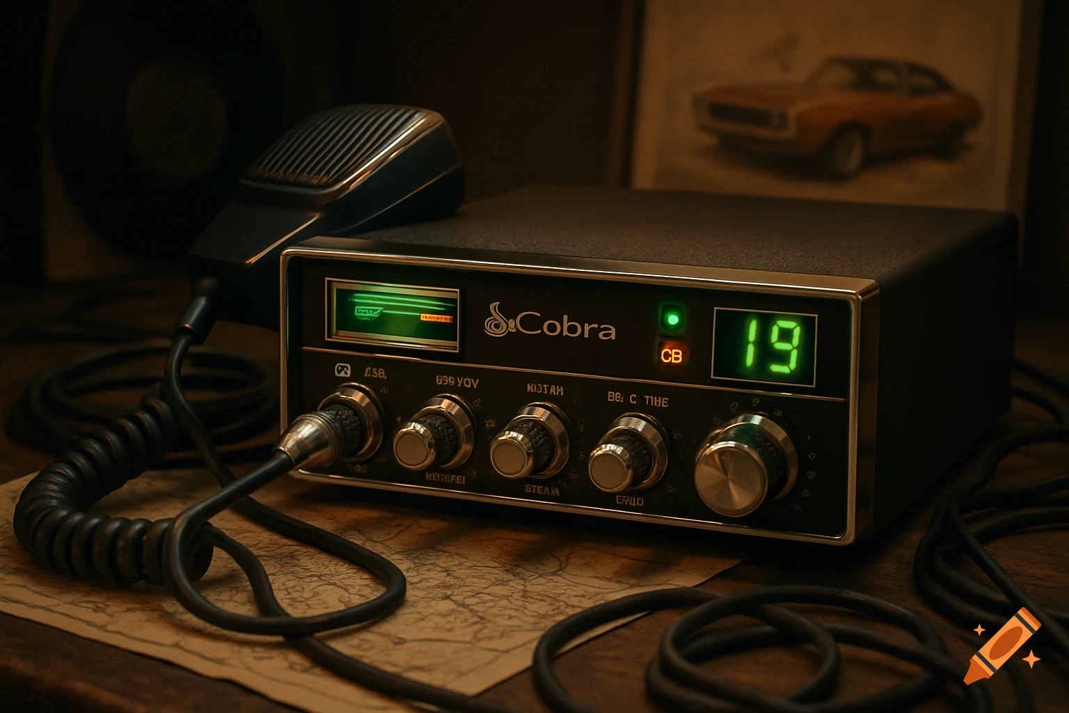 A vintage Cobra CB radio with a microphone on a wooden table with a map in a photorealistic style.