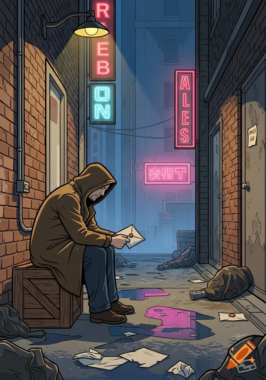 A man in a hooded coat sits on a wooden crate in a dark alley, reading a letter under a flickering lamp, with neon signs and scattered trash in a comic book style.