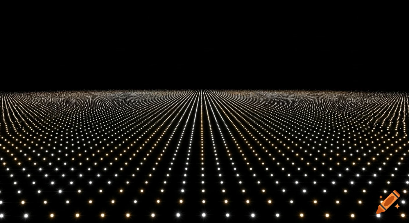 Perspective view of a grid of white and golden small lights on a black background, receding into the distance.