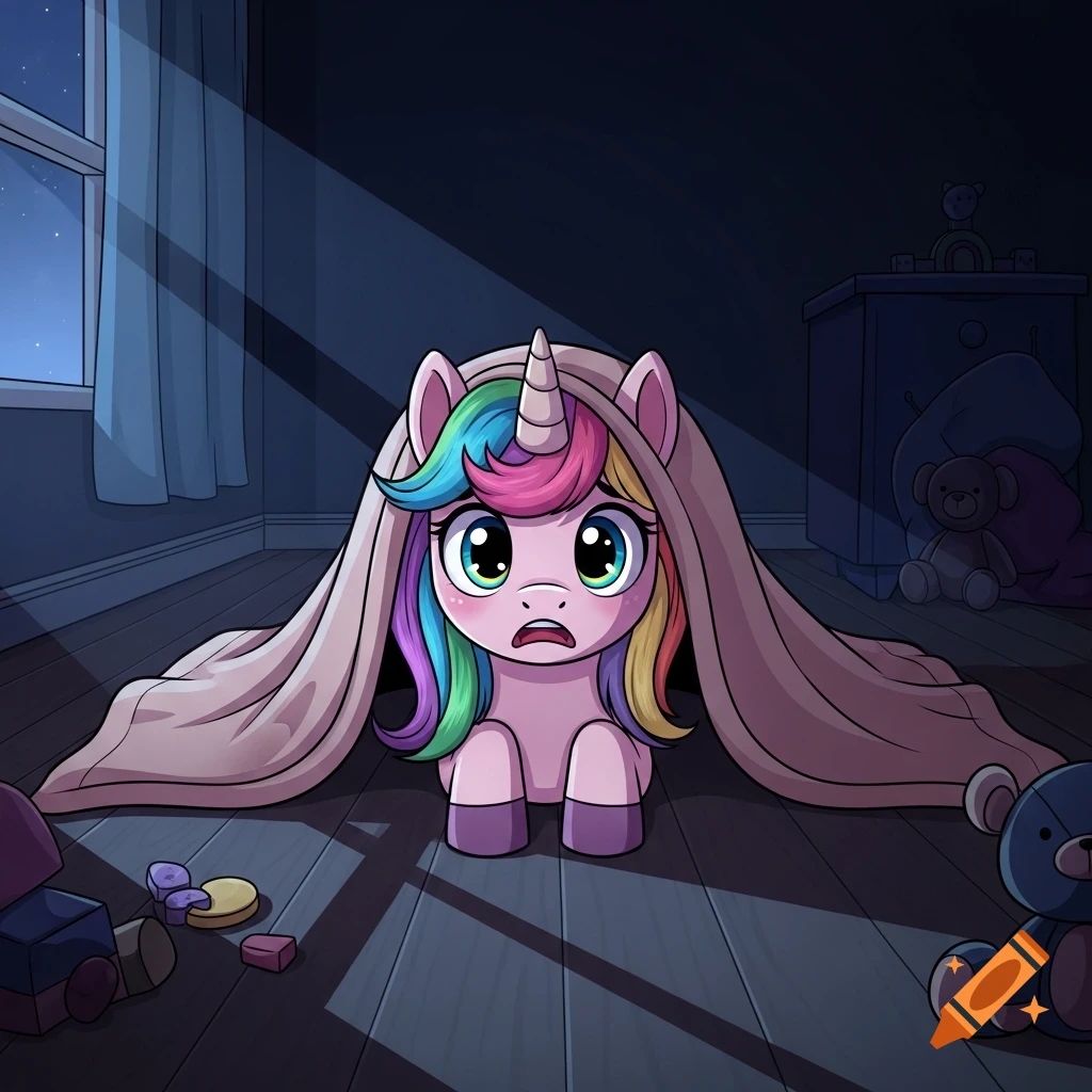 A cartoon unicorn with rainbow hair hides under a blanket, looking scared in a dark bedroom.