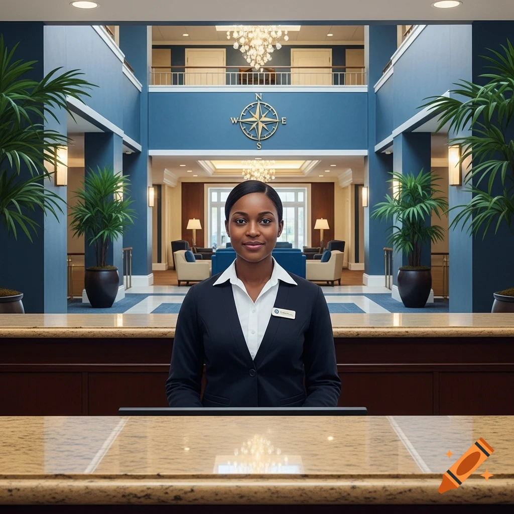 A smiling Black woman in a black suit and white shirt stands behind a hotel reception desk in a grand, blue-walled lobby.