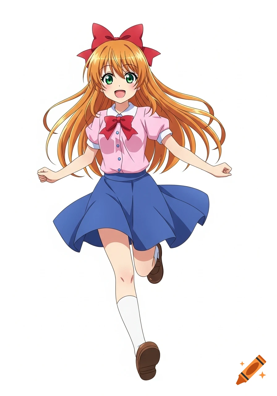 Anime girl with long orange hair and a red bow, wearing a pink blouse, blue skirt, white socks, and brown shoes, running happily on a white background.