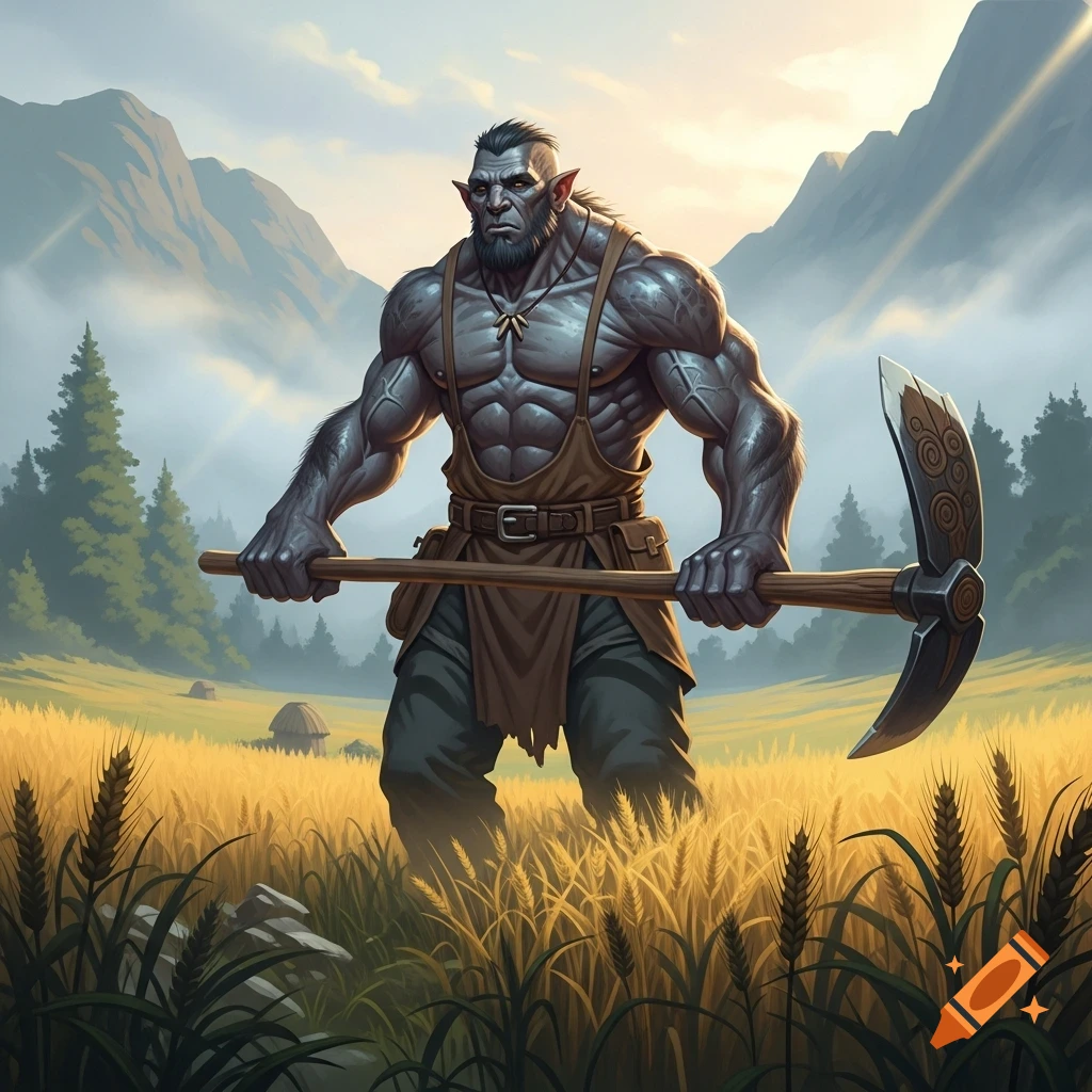 A muscular, gray-skinned goliath farmer in an apron stands in a golden wheat field, holding a pickaxe. Mountains in the background.