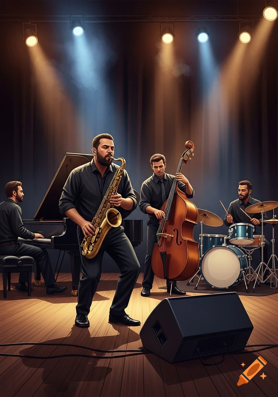 A stylized jazz band performs on a warmly lit stage, featuring a saxophonist, pianist, bassist, and drummer.