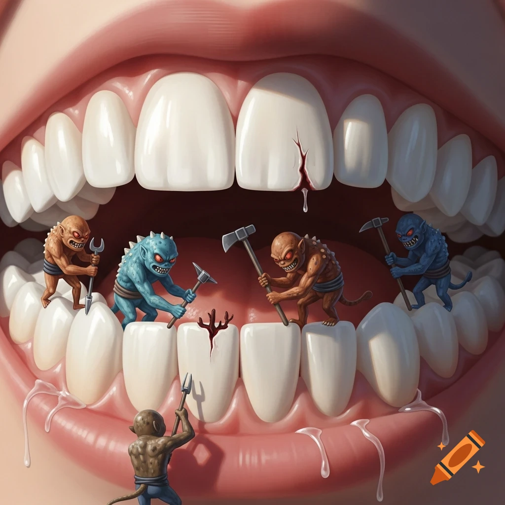 Cartoonish illustration of small monsters with tools damaging white teeth inside an open mouth, causing cracks and blood.
