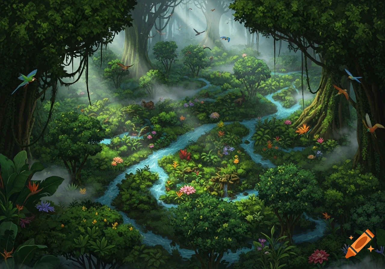 Isometric aerial view of a vibrant, misty rainforest with a winding blue river, colorful flowers, lush trees, and flying birds.
