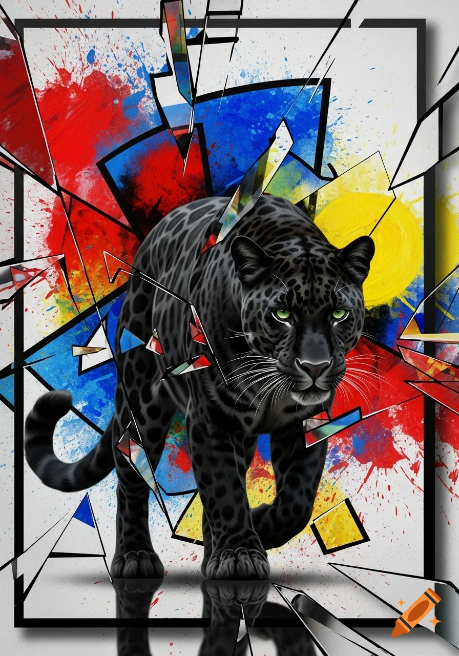 A black panther with green eyes walks forward against a dynamic background of red, blue, and yellow paint splatters and shattered glass in a modern art style.