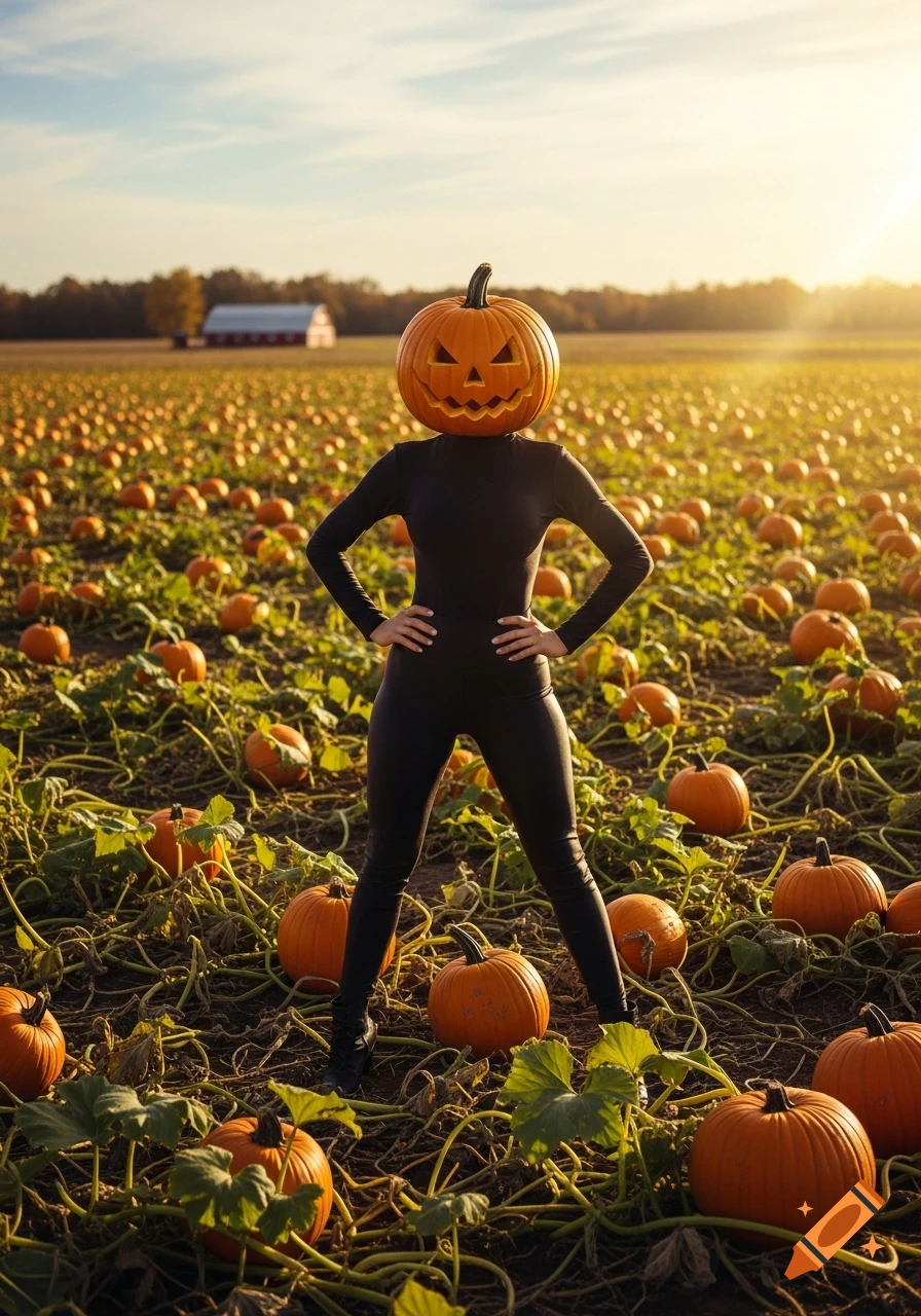 A person with a jack-o'-lantern head in a tight black outfit stands with hands on hips in a sunlit pumpkin patch.
