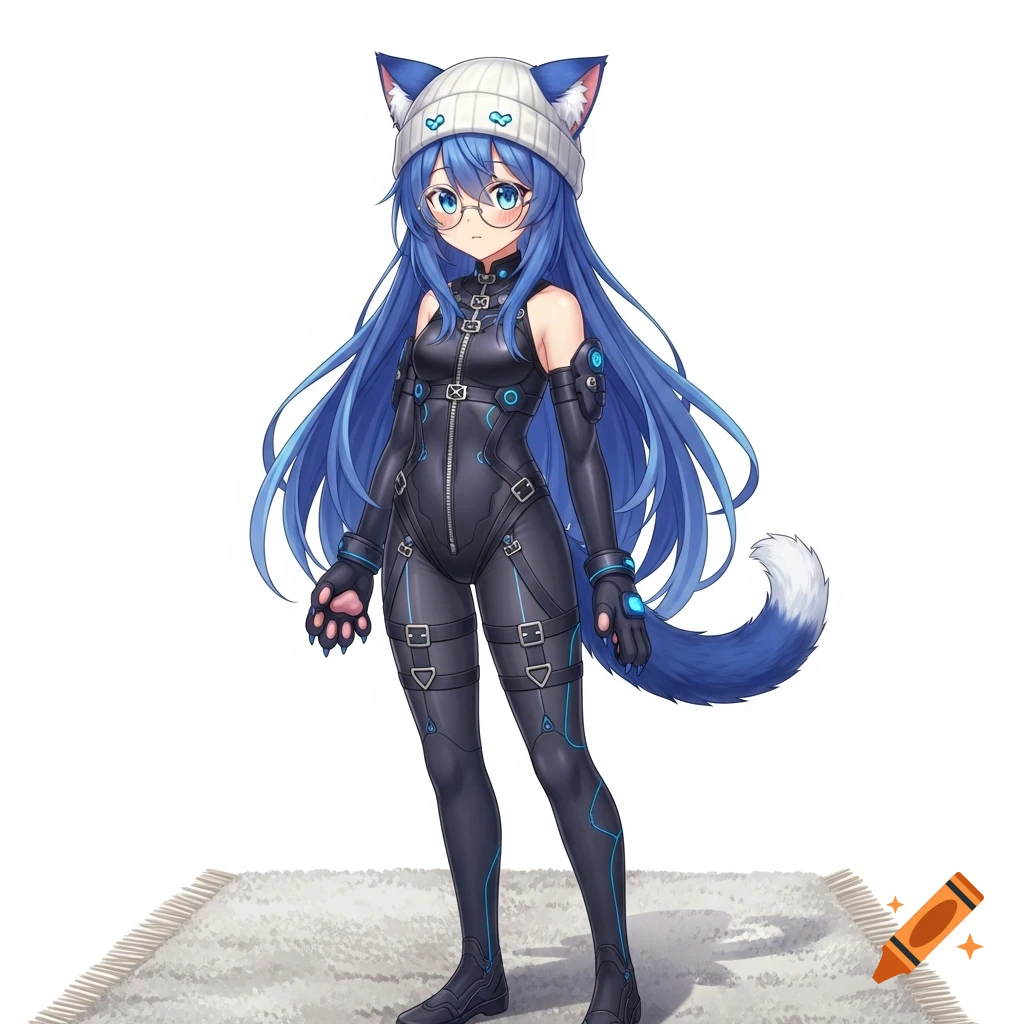 Anime catgirl with long blue hair, glasses, white beanie with cat ears, and a black futuristic bodysuit, standing on a rug.