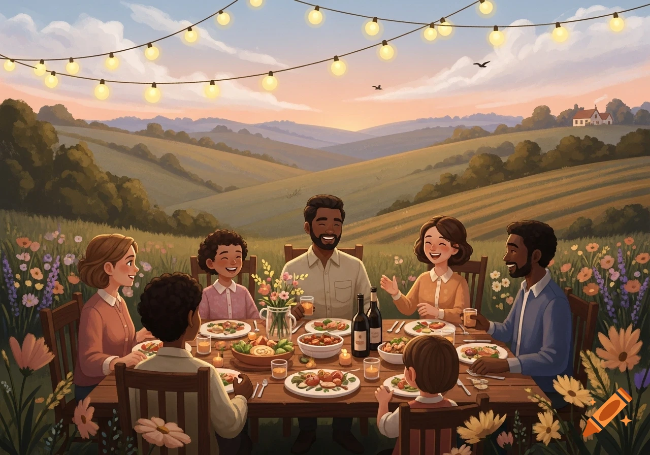 A diverse family enjoys an outdoor dinner in a vibrant, rolling countryside at sunset, with string lights overhead and wildflowers blooming.